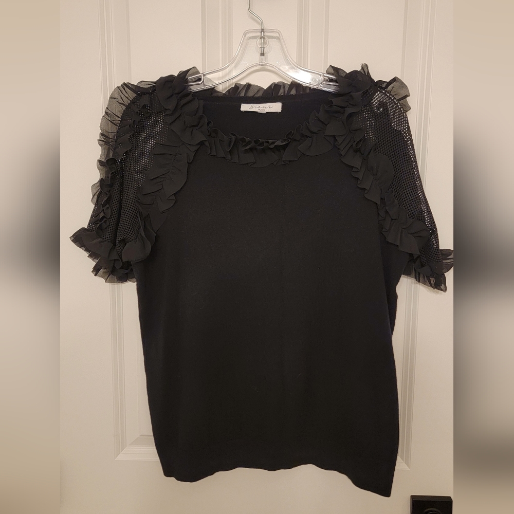 Sioni | Mixed Media Mesh & Ruffle blouse in black, size M
